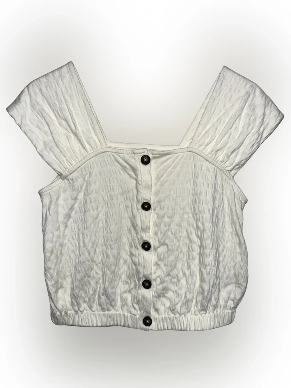 Women's White Textured Button Front Square Neck Crop Top